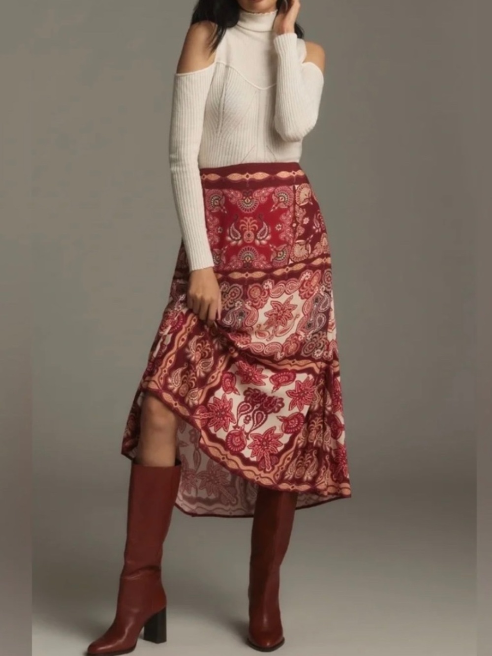 NWT Farm Rio Satin Slip A-Line Paisley Scarf Print Midi Skirt Medium - Picture 3 of 8
